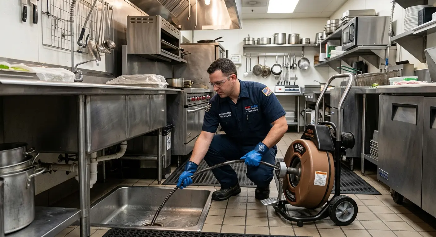 Commercial drain cleaning service in a restaurant kitchen in Greenville